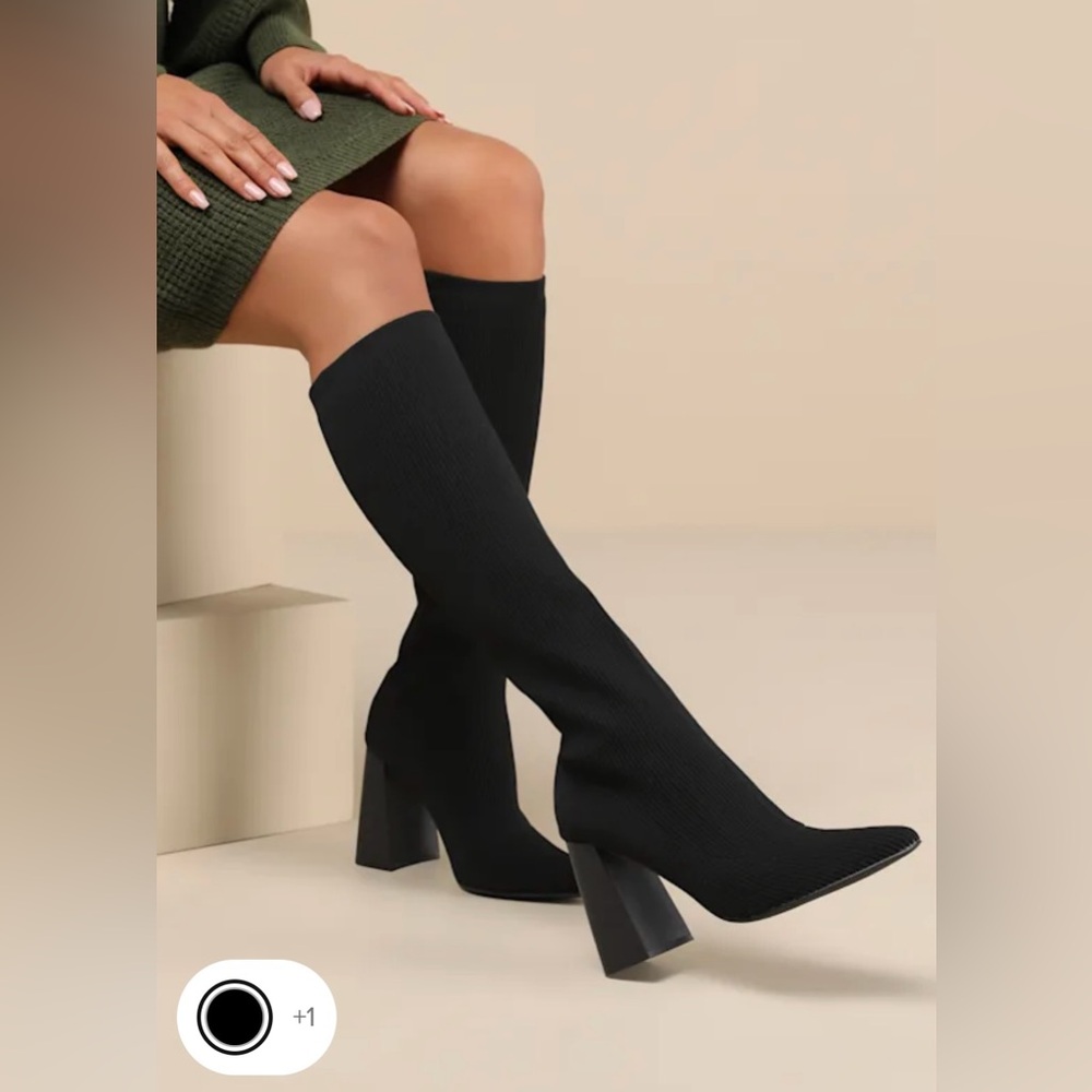 Black Ribbed Knit Pointed-Toe Knee-High Sock Boots